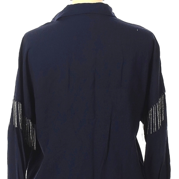 Zara‎ Long Sleeve Blouse Size M Navy Blue Silver Beaded Fringe Button Front - Picture 5 of 7